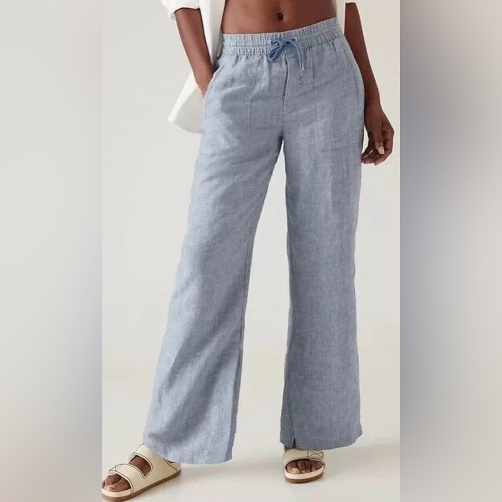 Women's Athleta Retreat Linen Denim Wide Leg Pants Chambray Blue NWT Size 22